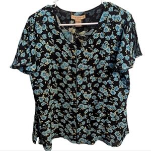 Notations women's reversible short sleeve blouse black XL floral button w-188